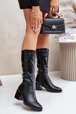 Sale Ocieplnae Kozaki Na Słupku Eko Skórzane Do Połowy Łydki Czarne Ellithira Damskie Kozaki Ocieplane|Kozaki Na Słupku