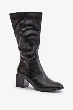 Sale Ocieplnae Kozaki Na Słupku Eko Skórzane Do Połowy Łydki Czarne Ellithira Damskie Kozaki Ocieplane|Kozaki Na Słupku