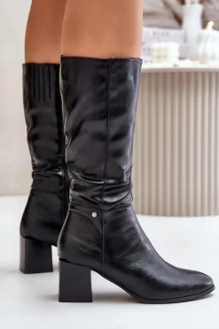 Sale Ocieplnae Kozaki Na Słupku Eko Skórzane Do Połowy Łydki Czarne Ellithira Damskie Kozaki Ocieplane|Kozaki Na Słupku
