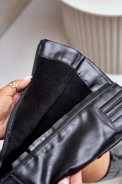 Sale Ocieplnae Kozaki Na Słupku Eko Skórzane Do Połowy Łydki Czarne Ellithira Damskie Kozaki Ocieplane|Kozaki Na Słupku