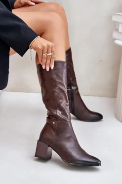 Boto Ocieplnae Kozaki Na Słupku Eko Skórzane Do Połowy Łydki Brązowe Ellithira Brązowy