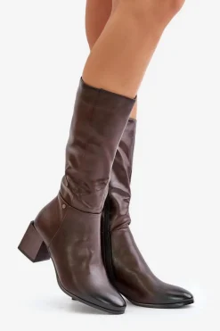 Boto Ocieplnae Kozaki Na Słupku Eko Skórzane Do Połowy Łydki Brązowe Ellithira Brązowy