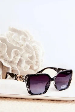 Sale Okulary Przeciwsłoneczne Damskie Z Ozdobnym Detalem UV400 Czarne Okulary