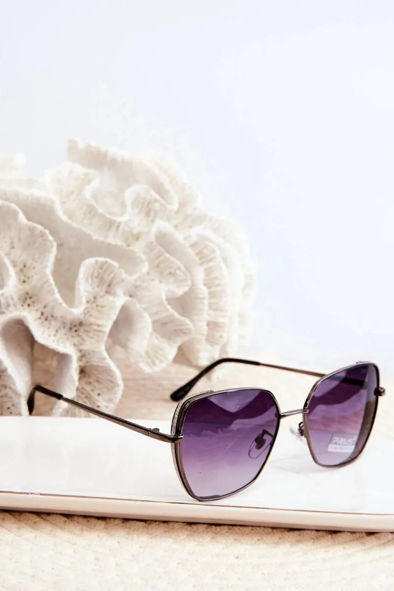 New PRIUS Okulary Przeciwsłoneczne Damskie Z Brokatowymi Wstawkami UV400 Czarno-Srebrne