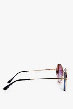 Online PRIUS Okulary Przeciwsłoneczne Damskie Z Brokatowymi Wstawkami UV400 Złoto-Niebieskie