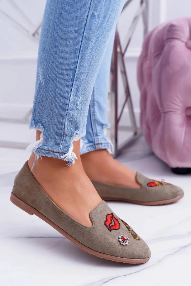 Best Oliwkowe Damskie Baleriny Naszywki Lipstick Damskie Baleriny Klasyczne