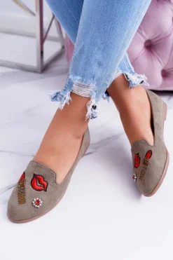 Best Oliwkowe Damskie Baleriny Naszywki Lipstick Damskie Baleriny Klasyczne