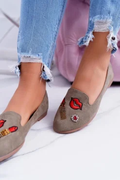 Best Oliwkowe Damskie Baleriny Naszywki Lipstick Damskie Baleriny Klasyczne