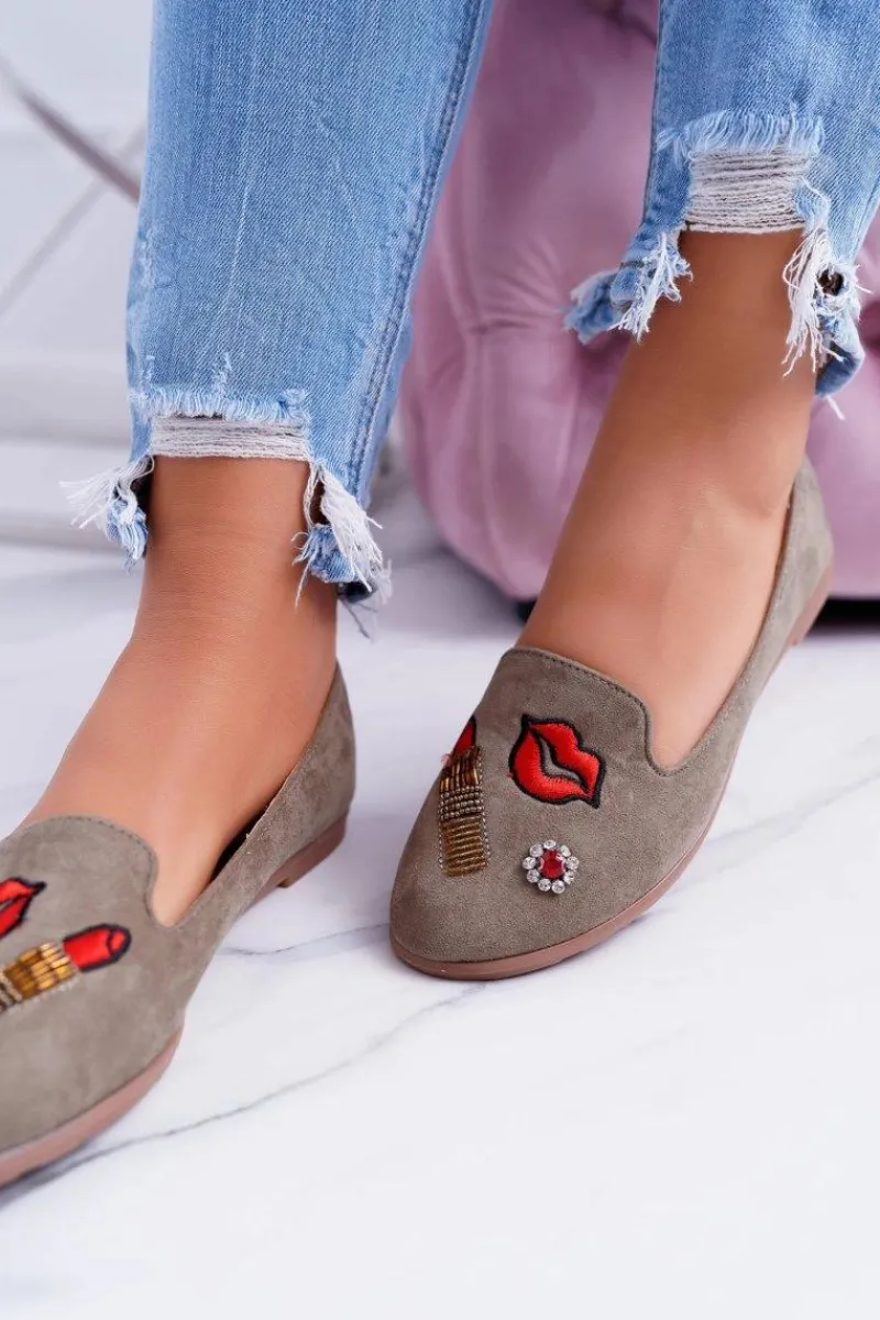 Best Oliwkowe Damskie Baleriny Naszywki Lipstick Damskie Baleriny Klasyczne