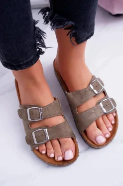 Klapki Korkowe|Klapki Damskie Klasyczne>Boto Oliwkowe Zamszowe Korkowe Damskie Klapki Klamry Beatris