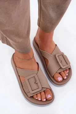 Sale Pachnące Klapki Damskie Z Ozdobną Klamrą RR285076 Beżowe Damskie Klapki Damskie Klasyczne