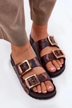 Online Pachnące Klapki Damskie Z Klamrami Panterka RR285059 Brązowe Damskie Klapki Damskie Klasyczne