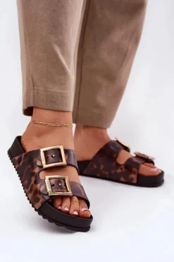 Online Pachnące Klapki Damskie Z Klamrami Panterka RR285059 Brązowe Damskie Klapki Damskie Klasyczne