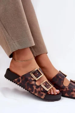 Online Pachnące Klapki Damskie Z Klamrami Panterka RR285059 Brązowe Damskie Klapki Damskie Klasyczne