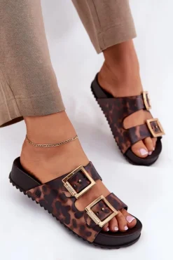 Online Pachnące Klapki Damskie Z Klamrami Panterka RR285059 Brązowe Damskie Klapki Damskie Klasyczne