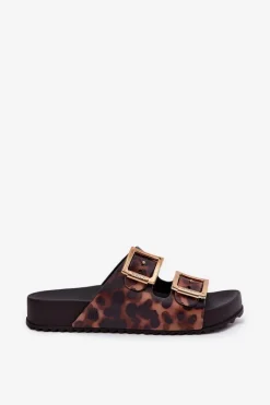 Online Pachnące Klapki Damskie Z Klamrami Panterka RR285059 Brązowe Damskie Klapki Damskie Klasyczne