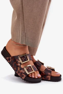 Online Pachnące Klapki Damskie Z Klamrami Panterka RR285059 Brązowe Damskie Klapki Damskie Klasyczne