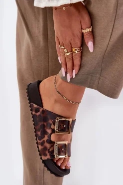 Online Pachnące Klapki Damskie Z Klamrami Panterka RR285059 Brązowe Damskie Klapki Damskie Klasyczne