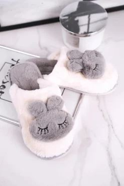 Discount Papcie Damskie Futrzane Biało Szare Rabbit Damskie Kapcie Klasyczne|Kalosze Damskie