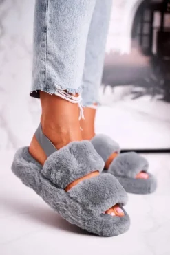 Boto Papcie Damskie na Platformie Futrzane Szare Cotton Candy