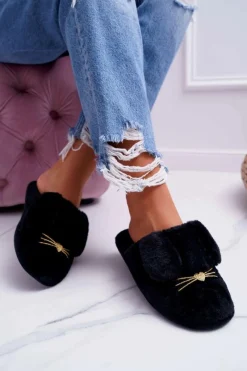 Clearance Papcie Damskie Z Futerkiem I Uszkami Czarne Semmi Damskie Kapcie Klasyczne