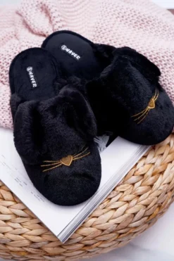 Clearance Papcie Damskie Z Futerkiem I Uszkami Czarne Semmi Damskie Kapcie Klasyczne