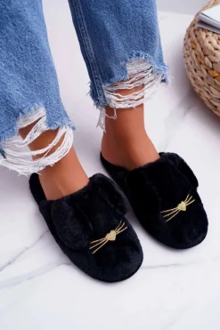 Clearance Papcie Damskie Z Futerkiem I Uszkami Czarne Semmi Damskie Kapcie Klasyczne
