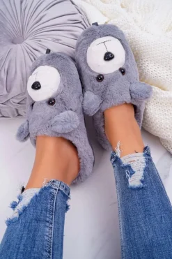 Papcie Damskie Z Futerkiem Miś Szare Bear Damskie Kapcie Klasyczne