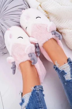 Outlet Papcie Damskie Z Futerkiem Renifery Róż Reindeer Damskie Kapcie Klasyczne