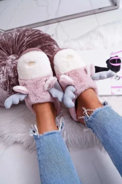 New Papcie Damskie Z Futerkiem Renifery Różowe Deff Damskie Kapcie Klasyczne