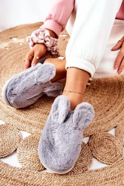 Hot Papcie Futrzane Z Uszami Szare Thorpe Damskie Kapcie Klasyczne