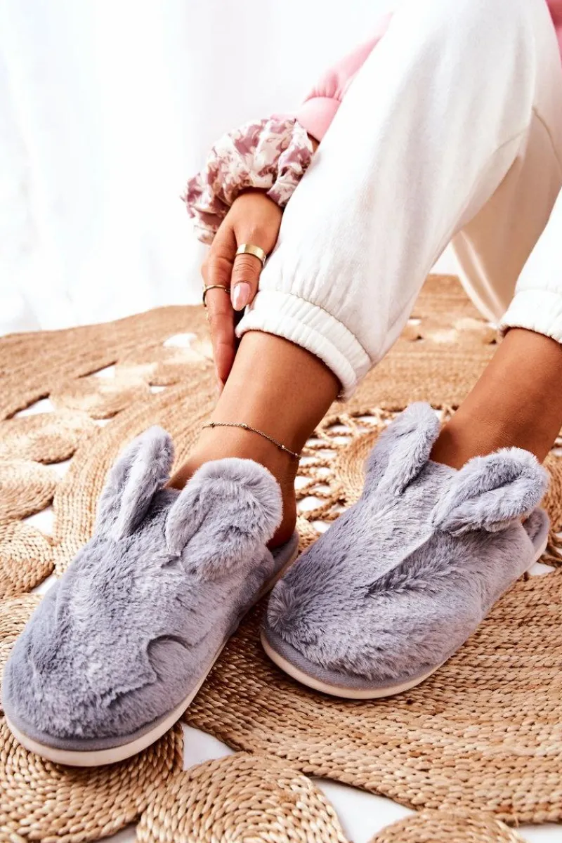 Hot Papcie Futrzane Z Uszami Szare Thorpe Damskie Kapcie Klasyczne