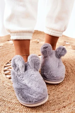 Hot Papcie Futrzane Z Uszami Szare Thorpe Damskie Kapcie Klasyczne