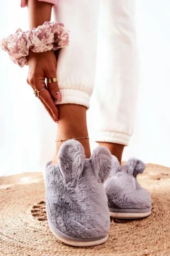 Hot Papcie Futrzane Z Uszami Szare Thorpe Damskie Kapcie Klasyczne
