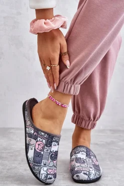 Kapcie Klasyczne|Klapki Damskie Klasyczne>BEFADO Papcie Klapki Kotki 155D208 Szare