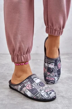 Kapcie Klasyczne|Klapki Damskie Klasyczne>BEFADO Papcie Klapki Kotki 155D208 Szare