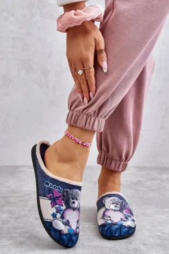 Hot Papcie Klapki Miś Z Sercem 155D210 Granatowe Damskie Kapcie Klasyczne|Klapki Damskie Klasyczne