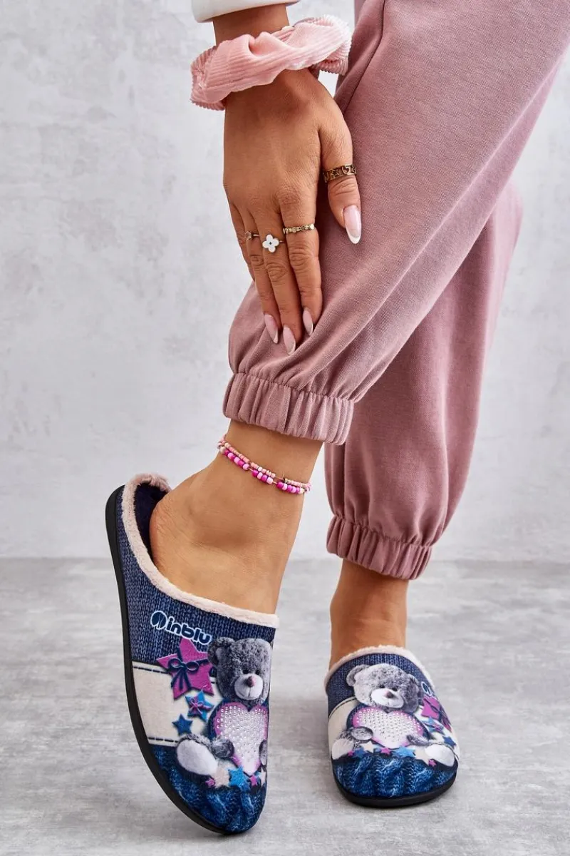 Hot Papcie Klapki Miś Z Sercem 155D210 Granatowe Damskie Kapcie Klasyczne|Klapki Damskie Klasyczne