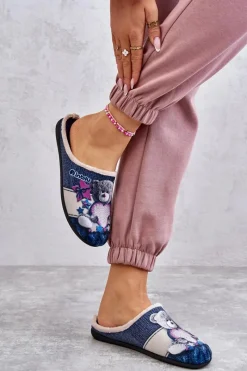 Hot Papcie Klapki Miś Z Sercem 155D210 Granatowe Damskie Kapcie Klasyczne|Klapki Damskie Klasyczne