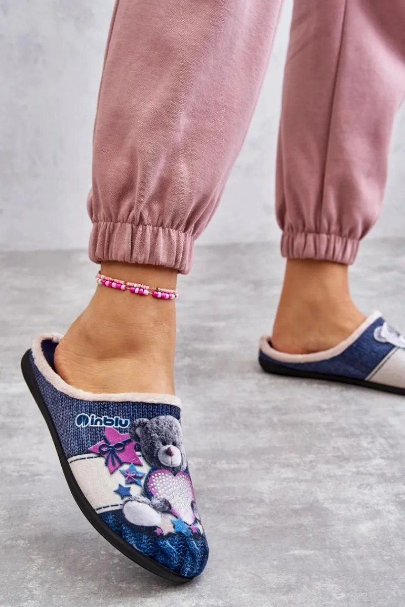 Hot Papcie Klapki Miś Z Sercem 155D210 Granatowe Damskie Kapcie Klasyczne|Klapki Damskie Klasyczne