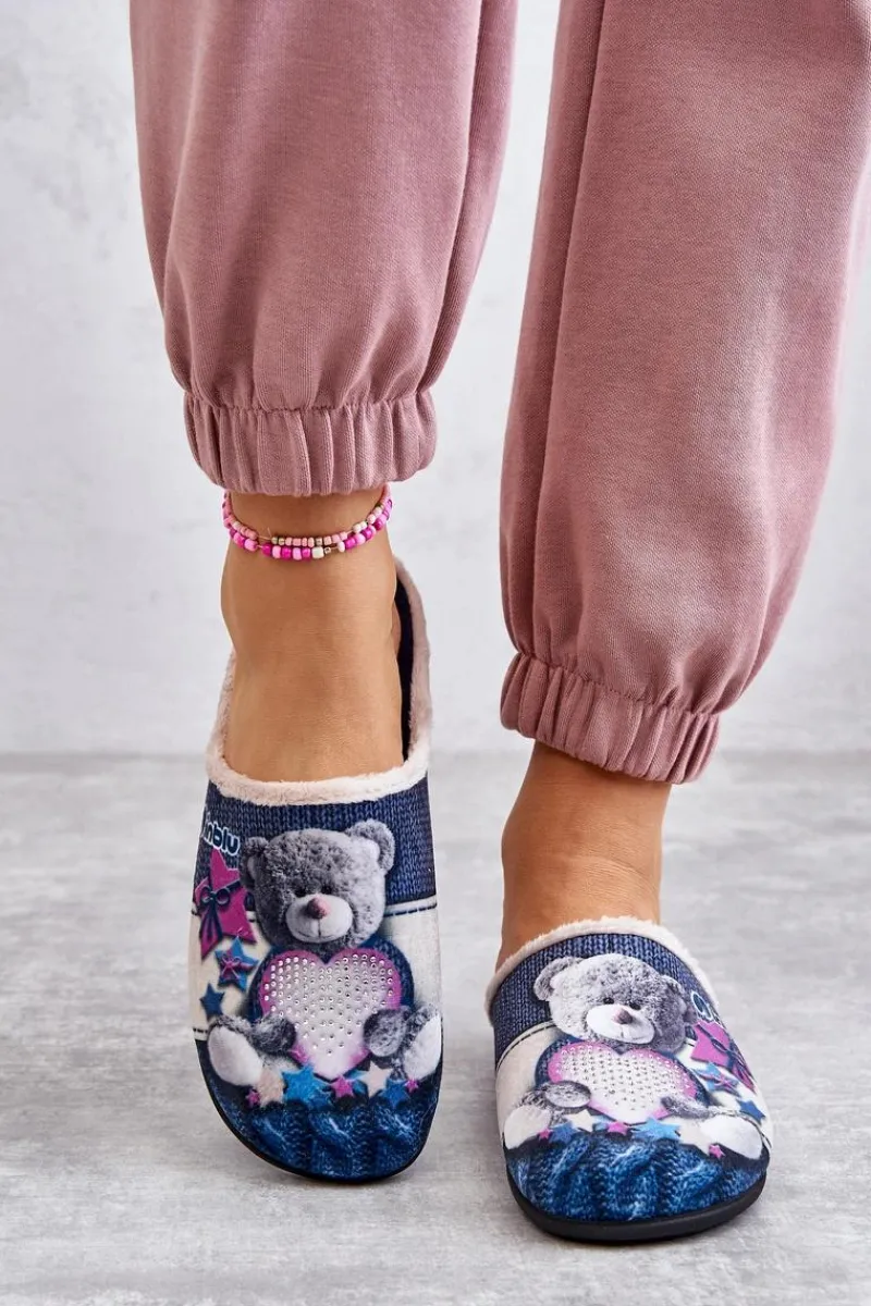 Hot Papcie Klapki Miś Z Sercem 155D210 Granatowe Damskie Kapcie Klasyczne|Klapki Damskie Klasyczne