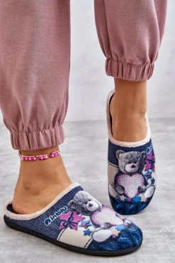 Hot Papcie Klapki Miś Z Sercem 155D210 Granatowe Damskie Kapcie Klasyczne|Klapki Damskie Klasyczne