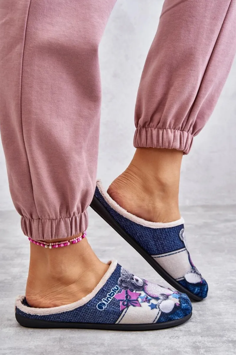 Hot Papcie Klapki Miś Z Sercem 155D210 Granatowe Damskie Kapcie Klasyczne|Klapki Damskie Klasyczne