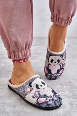 Kapcie Klasyczne|Klapki Damskie Klasyczne>BEFADO Papcie Klapki Panda Z Sercem 155D209 Szare