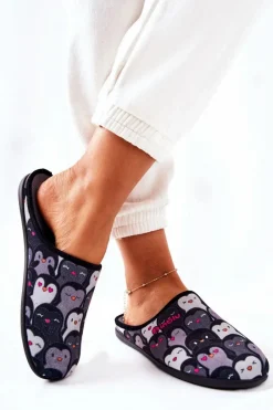 Clearance Papcie Klapki Pingwinki 155D202 Czarne Damskie Kapcie Klasyczne|Klapki Damskie Klasyczne