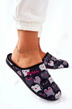 Clearance Papcie Klapki Pingwinki 155D202 Czarne Damskie Kapcie Klasyczne|Klapki Damskie Klasyczne