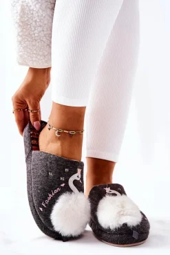 Clearance Papcie Ocieplane Łabędź Szare Reya Damskie Kapcie Klasyczne