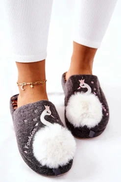 Clearance Papcie Ocieplane Łabędź Szare Reya Damskie Kapcie Klasyczne