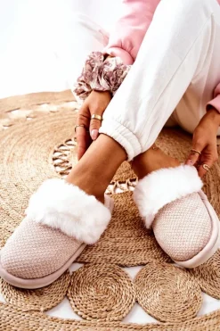 Clearance Papcie Ocieplane Z Futerkiem Beżowe Flamarin Damskie Kapcie Klasyczne