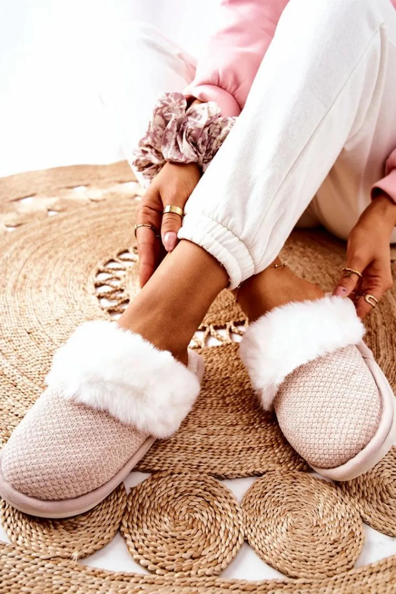 Clearance Papcie Ocieplane Z Futerkiem Beżowe Flamarin Damskie Kapcie Klasyczne